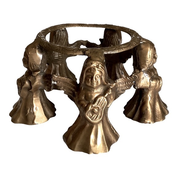 Brass Five Girl Angels Playing Guitar Round Base Candle Holder Art Deco VTG EUC - Picture 4 of 14